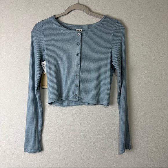 Wilfred Tops - NEW Wilfred Free Dune Blue Neptune Ribbed Long Sleeve Crop Button Up Top Small